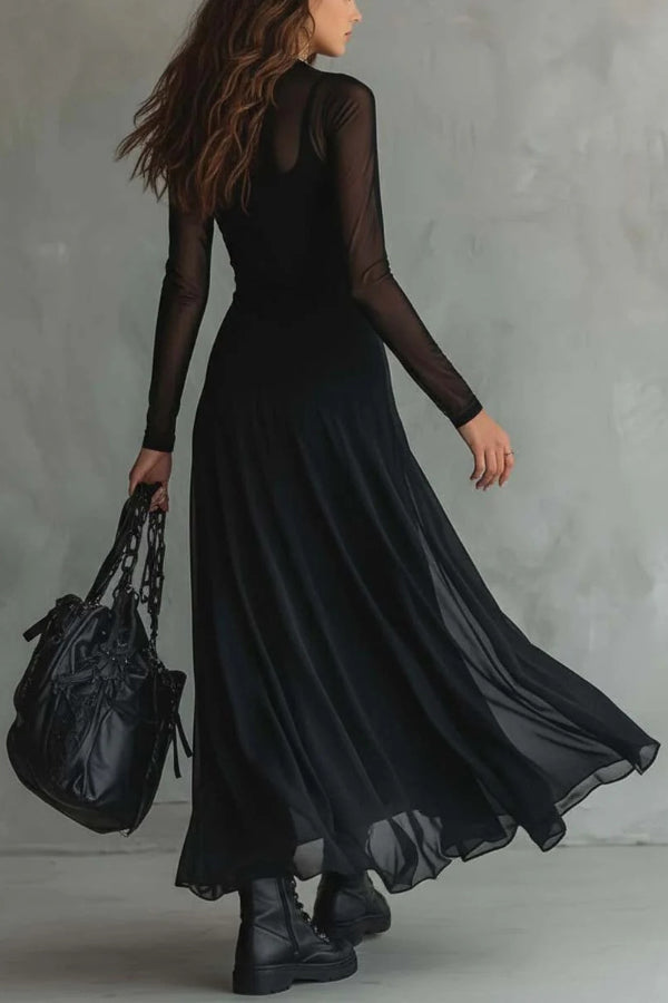 Mesh-Panel Maxi Dress – Long Sleeve Slim Fit