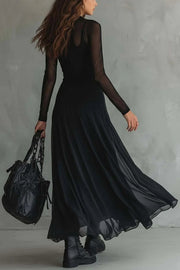 Mesh-Panel Maxi Dress – Long Sleeve Slim Fit