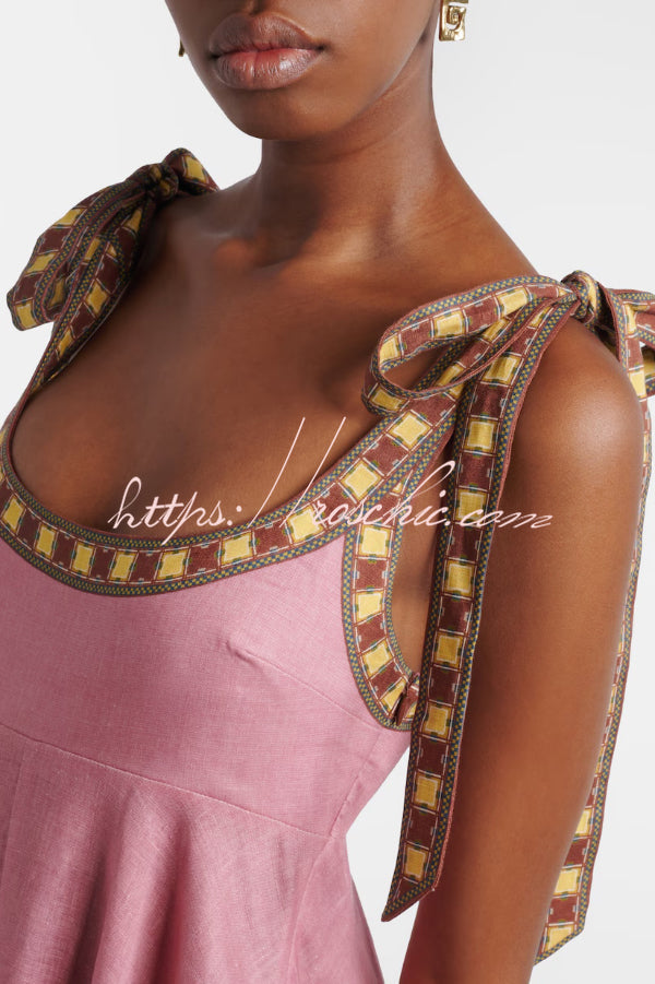 Linen Blend Printed Maxi Dress with Tie-Up Suspenders