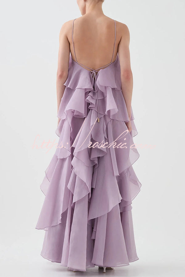 Rose Detail Tiered Ruffle Halter Maxi Dress