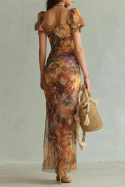 Floral Print Maxi Dress with Square Neck & Ruffle Slit