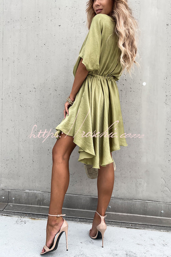 Batwing Sleeve Satin Mini Dress – Loose Fit V-Neck