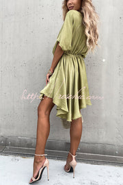 Batwing Sleeve Satin Mini Dress – Loose Fit V-Neck