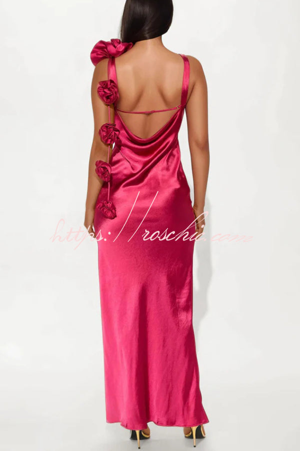 Satin Floral Embellished Backless Maxi Dress – Slim Fit