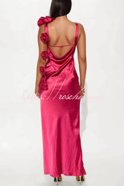 Satin Floral Embellished Backless Maxi Dress – Slim Fit