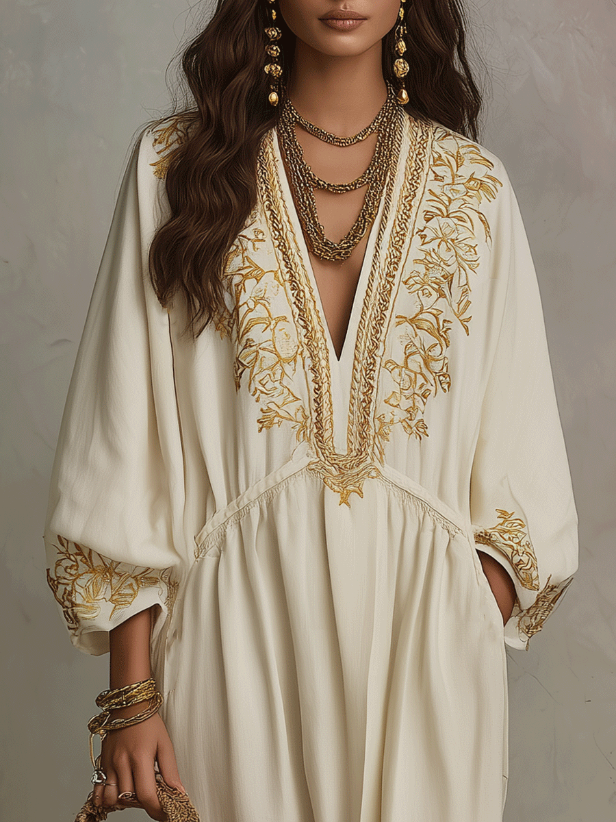 Gold Embroidered Ivory Boho Maxi Dress with Long Sleeves