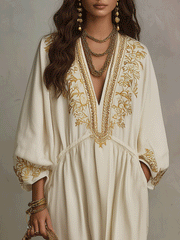 Gold Embroidered Ivory Boho Maxi Dress with Long Sleeves
