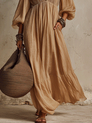 Deep V-Neck Camel Beige Maxi Dress | Coastal Style