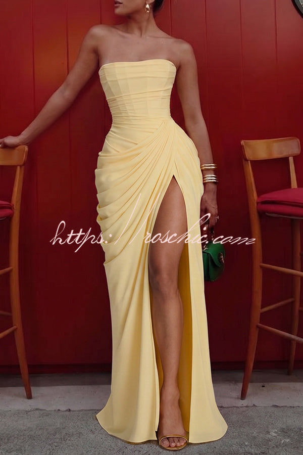 Chiffon Strapless Maxi Dress with Asymmetrical Pleats and Slit