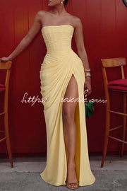 Chiffon Strapless Maxi Dress with Asymmetrical Pleats and Slit