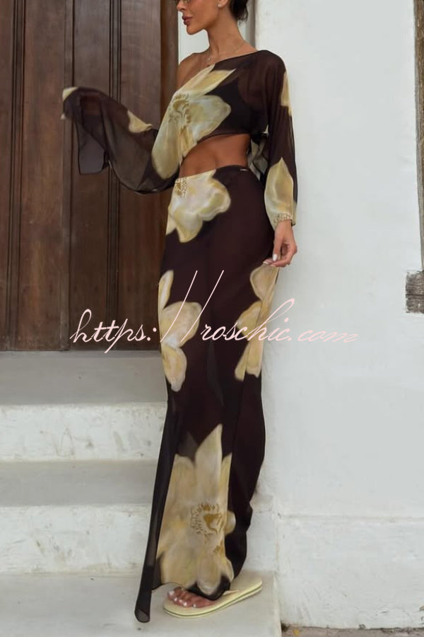 Floral Off-Shoulder Long Sleeve Top & Maxi Skirt Set