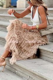Tiered Tulle Maxi Skirt with Elastic Waist – Loose Fit