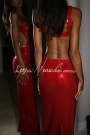 Sequin Backless Maxi Dress – Wide Strap Cutout Waist