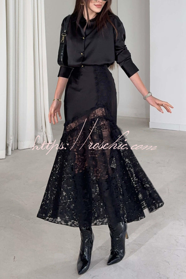 Silk Satin & Lace Spliced Maxi Skirt | Elegant Vacation Style