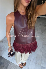 Faux Leather Halter Neck Sleeveless Top with Tassel Detail
