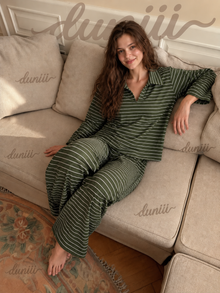 Duniii Striped V-Neck Long Sleeve Lounge Set
