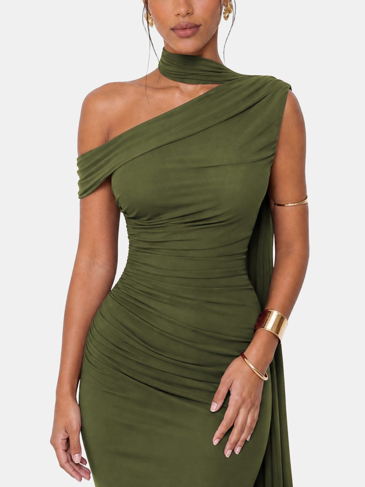 One Shoulder Formal Evening Gown with Built-In Bra, Ruched Mesh