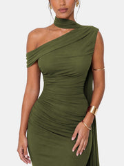 One Shoulder Formal Evening Gown with Built-In Bra, Ruched Mesh