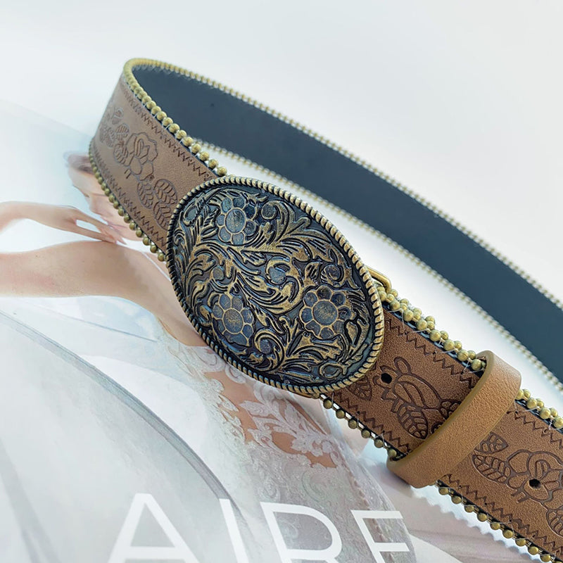 Retro Carved Faux Leather Belt – Brown, 3.8cm Wide