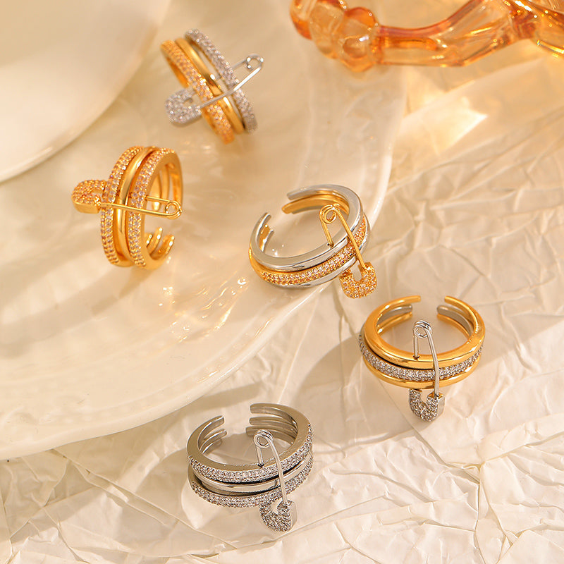 Three-Color Geometric Open Ring with Detachable Brooch Pin