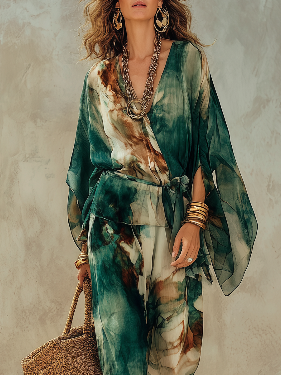 Green Tie-Dye Batwing Sleeve Top and Wide-Leg Pants Set