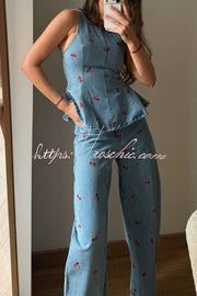 Cherry Print High Rise Loose Straight Leg Jeans