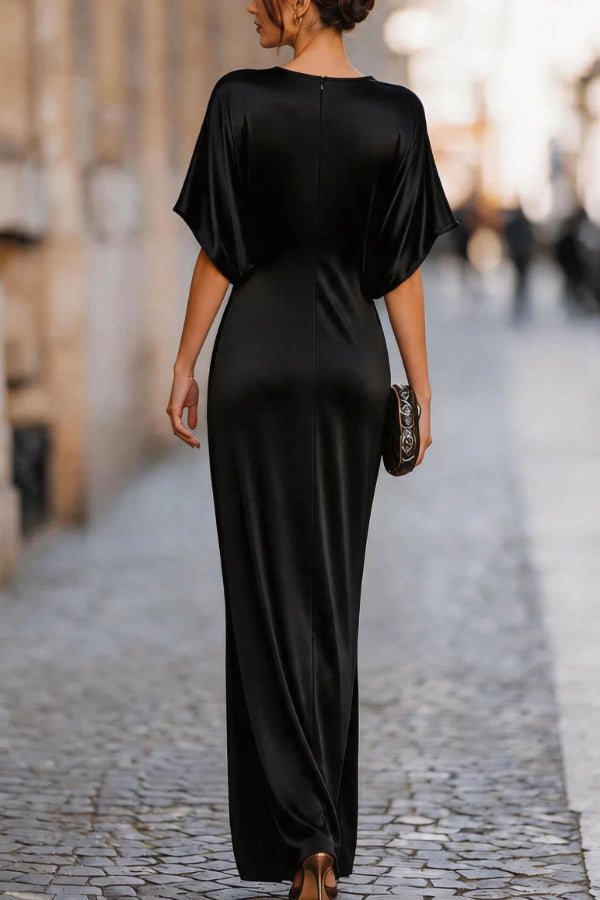 Solid Color Draped Maxi Dress – Round Neck, Short Sleeve