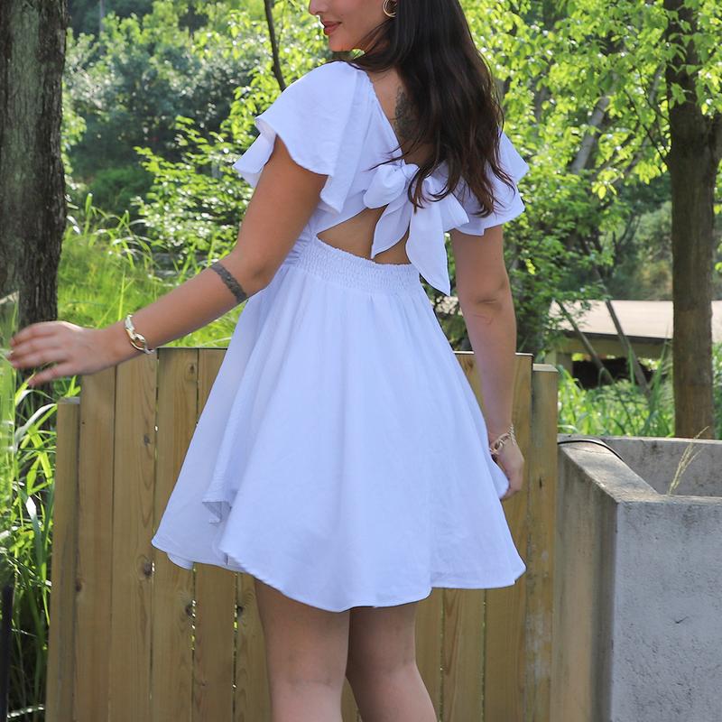 Chicovar Women's Summer Sweetheart NecklineKnot Front Flowy Mini Chiffon Dresses , Flutter Sleeve, Tie-Back, A-Line Cut, No Scratchy, No Sheer, Wedding Guest,Bridal Shower, Church, Party, Casual, or Daily Wear, Summervibes