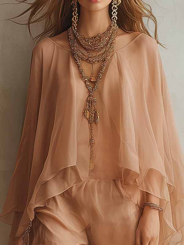 Apricot Chiffon Ruffle Pants Set | Wide-Leg Two-Piece