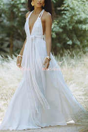 Linen Blend Halter Maxi Dress – Deep V Backless Cover Up