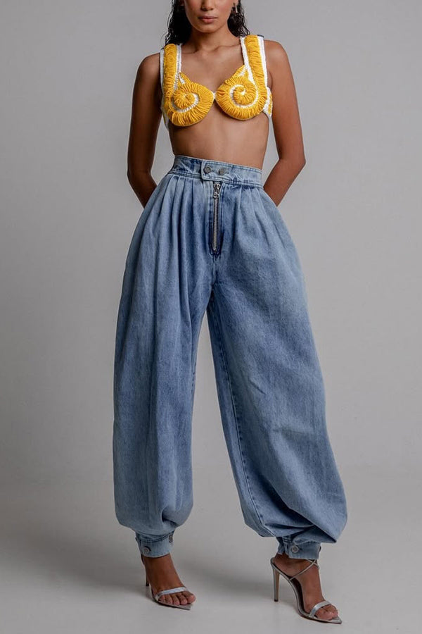 High Waist Vintage Cuffed Loose Denim Jeans