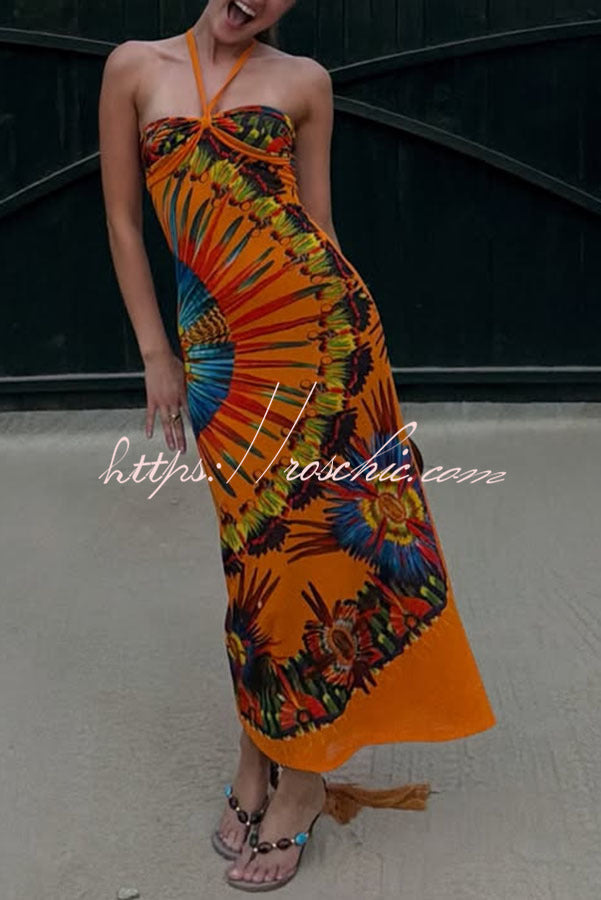 Ethnic Print Beaded Halter Maxi Dress – Vacation Style