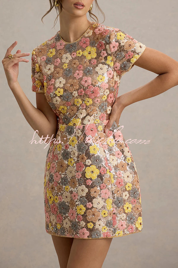 Floral Sequin Mini Dress | 80s-Inspired Short Sleeve Party Dress