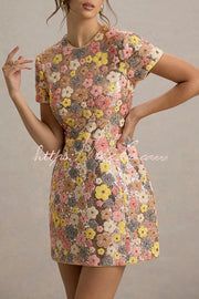 Floral Sequin Mini Dress | 80s-Inspired Short Sleeve Party Dress