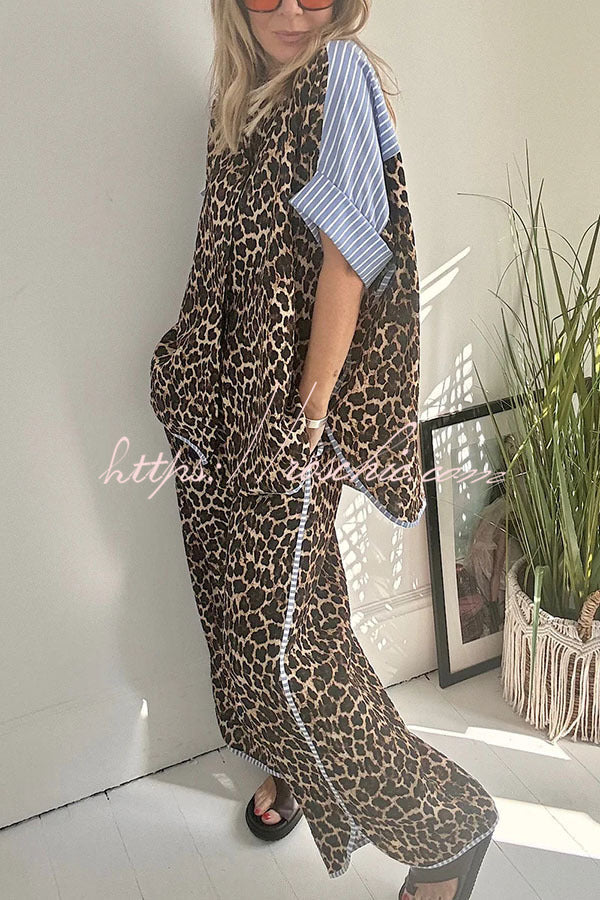 Leopard Print Colorblock Oversized Shirt & Loose Pants Set
