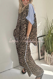 Leopard Print Colorblock Oversized Shirt & Loose Pants Set