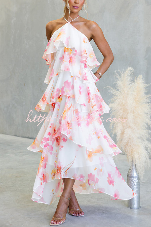 Chiffon Floral Print Halter Maxi Dress with Tiered Ruffles