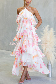 Chiffon Floral Print Halter Maxi Dress with Tiered Ruffles