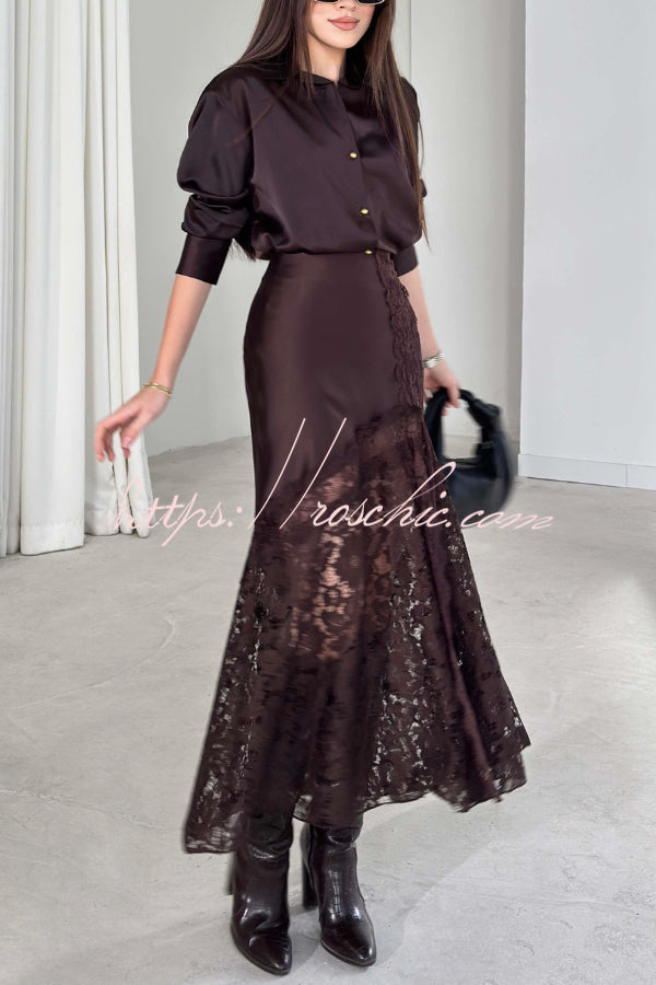 Silk Satin & Lace Spliced Maxi Skirt | Elegant Vacation Style