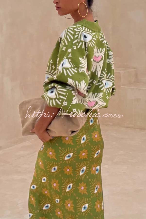Eye & Heart Pattern Knit Cardigan – Loose Fit Long Sleeve