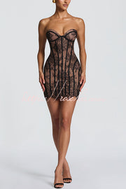 Floral Lace Strapless Mini Dress with Lace-Up Back