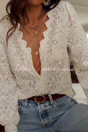 Lace Long Sleeve V-Neck Shirt – Loose Fit Vacation Top