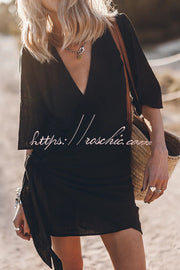 Cotton Linen Blend Knotted Wrap Mini Dress