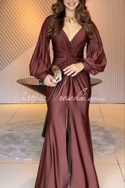 Satin Balloon Sleeve Twist Waist Maxi Dress with Slit
