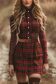 Plaid Print Lapel Mini Dress with Belt & Long Sleeves