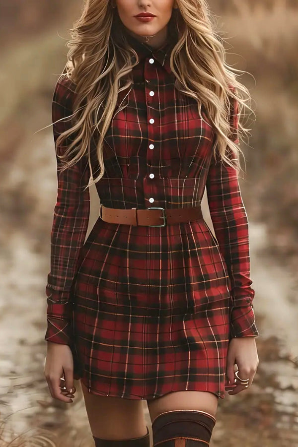 Plaid Print Lapel Mini Dress with Belt & Long Sleeves