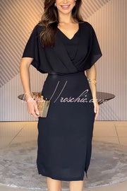 Chiffon Batwing Sleeve Midi Dress with Slit Detail