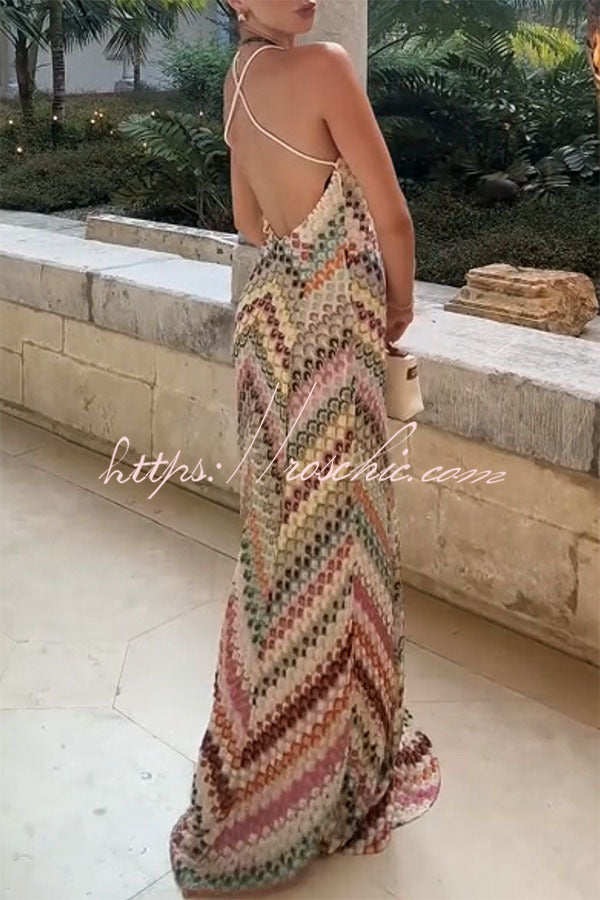 Colorful Herringbone Knit Open-Back Maxi Dress
