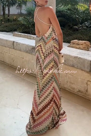 Colorful Herringbone Knit Open-Back Maxi Dress