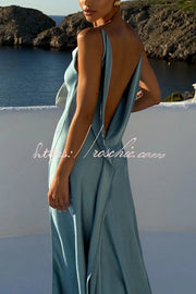 Satin Draped Neck Backless Ruffle Slit Maxi Dress